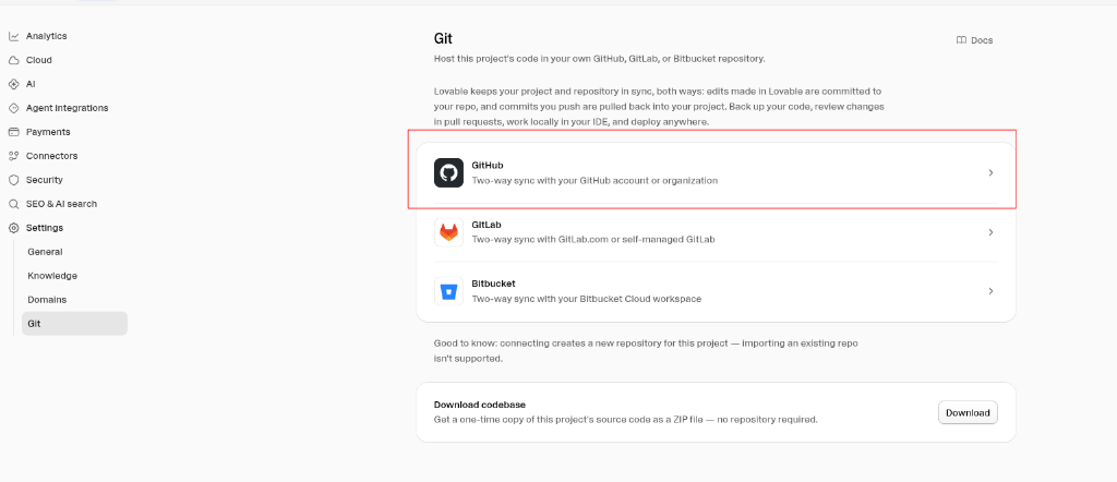 Página de Git en Lovable con las opciones GitHub, GitLab y Bitbucket; GitHub está resaltada