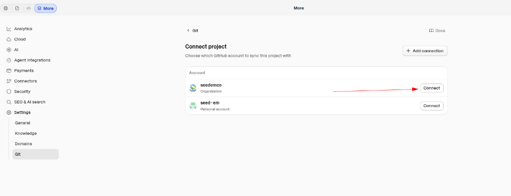 Pantalla Connect project con las cuentas seedemco (organización) y seed-em (personal); el botón Connect de seedemco está señalado