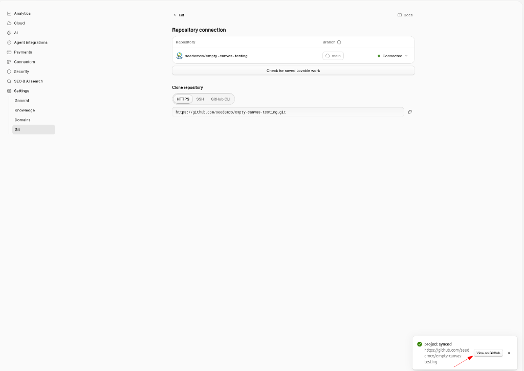 Página de Git en Lovable mostrando el repositorio seedemco/empty-canvas-testing con estado Connected y el aviso Project synced con el botón View on GitHub