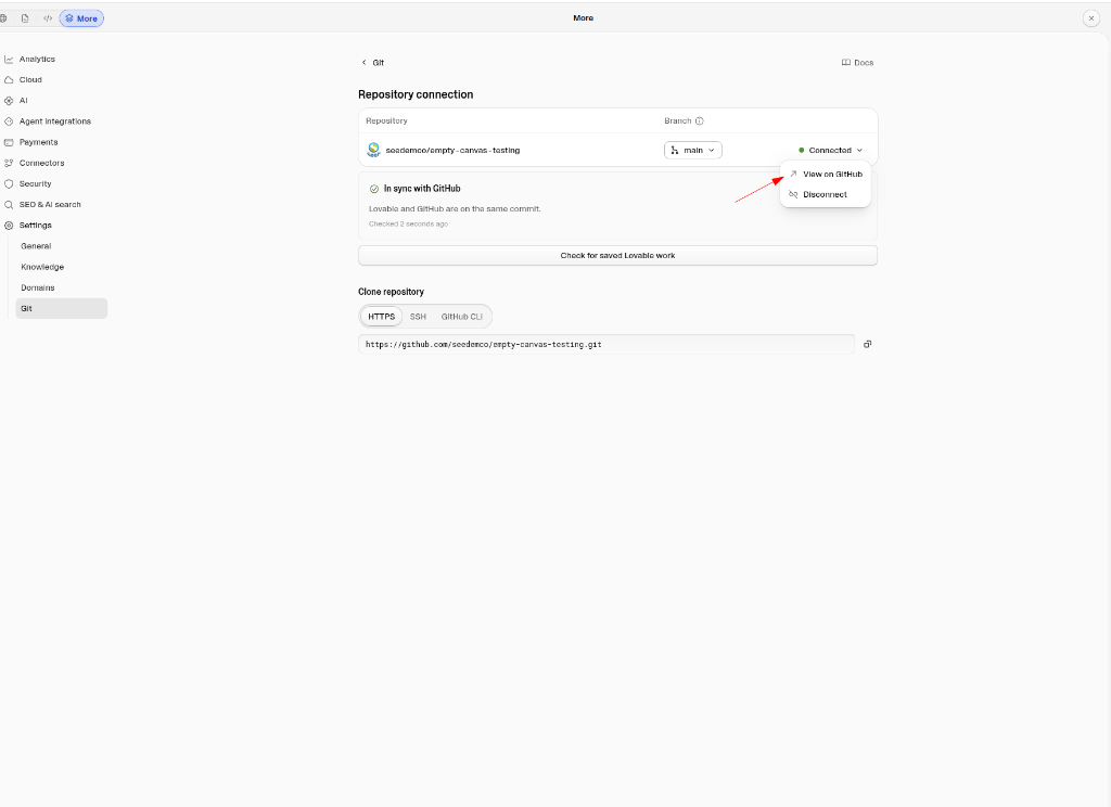 Menú desplegable del botón Connected mostrando las opciones View on GitHub y Disconnect