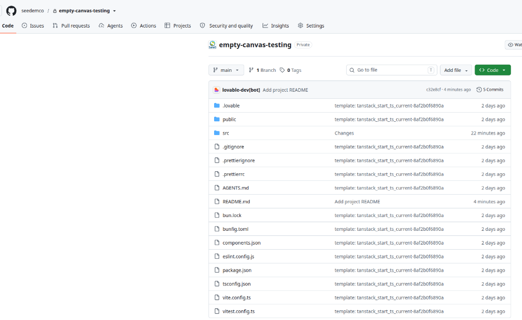 Página del repositorio empty-canvas-testing en GitHub mostrando la lista de archivos del proyecto