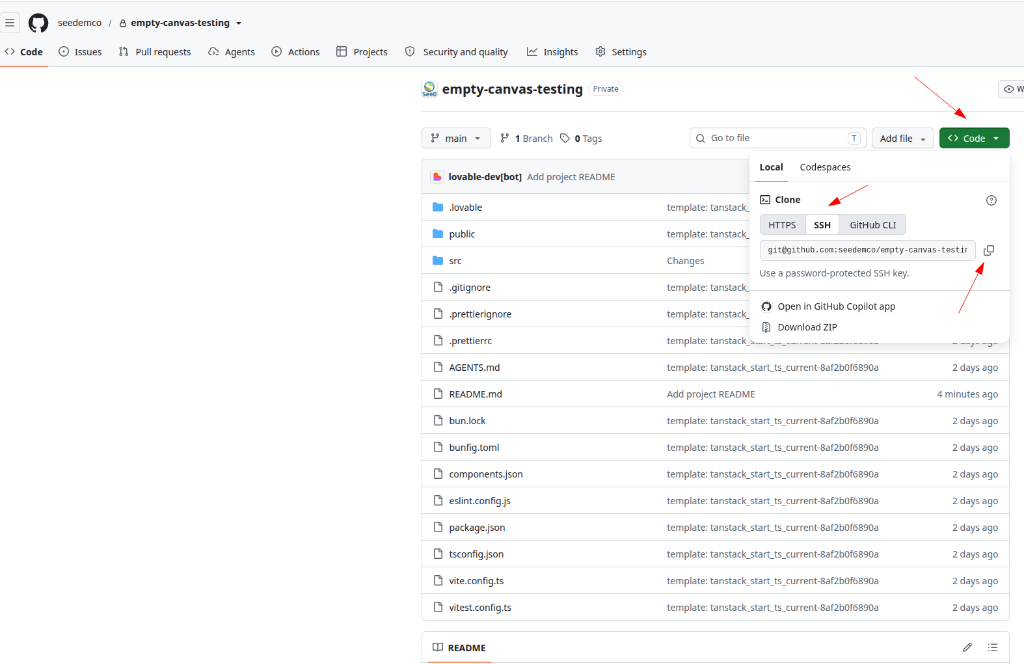 Menú del botón "Code" en GitHub con la pestaña SSH seleccionada y el icono para copiar la dirección del repositorio