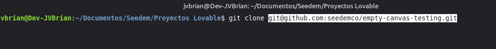 Terminal con el comando git clone git@github.com:seedemco/empty-canvas-testing.git escrito