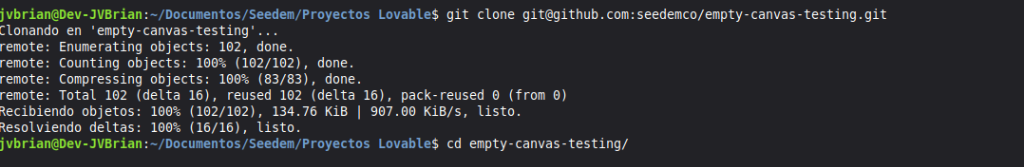 Terminal mostrando que el git clone terminó correctamente y el comando cd empty-canvas-testing