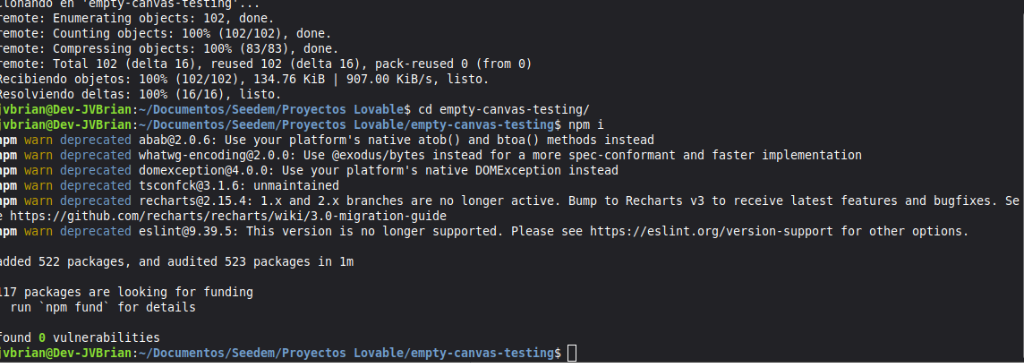 Terminal mostrando el resultado de npm i: "added 522 packages" y "found 0 vulnerabilities"