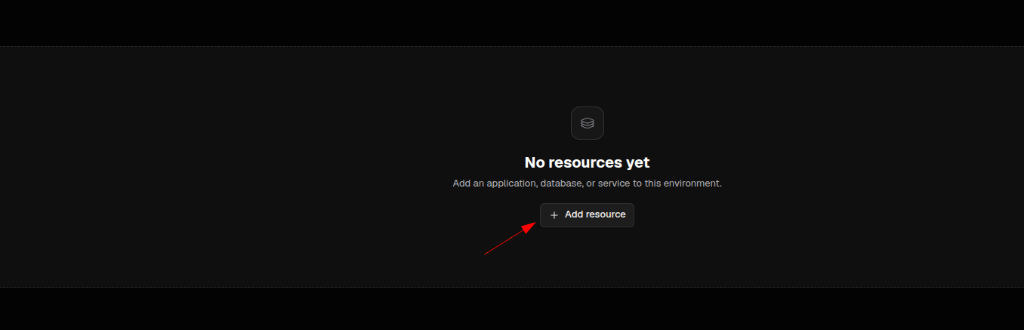 Pantalla del proyecto en Coolify con el mensaje "No resources yet" y el botón "+ Add resource"