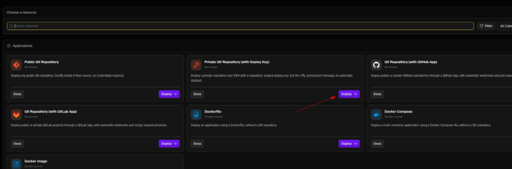 Pantalla "Choose a resource" con la tarjeta "Private Git Repository (with Deploy Key)" y su botón Deploy señalado