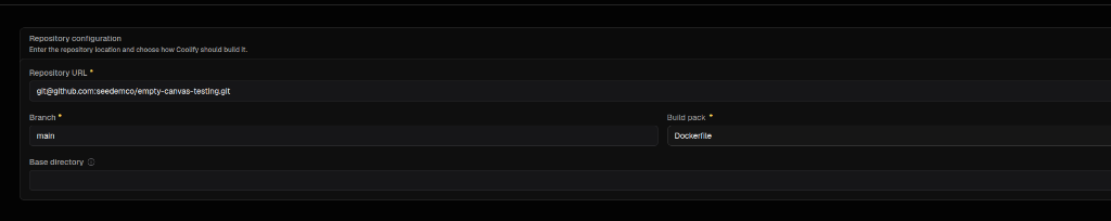 Formulario "Repository configuration" con la URL del repositorio, rama main, build pack Dockerfile y base directory "/"