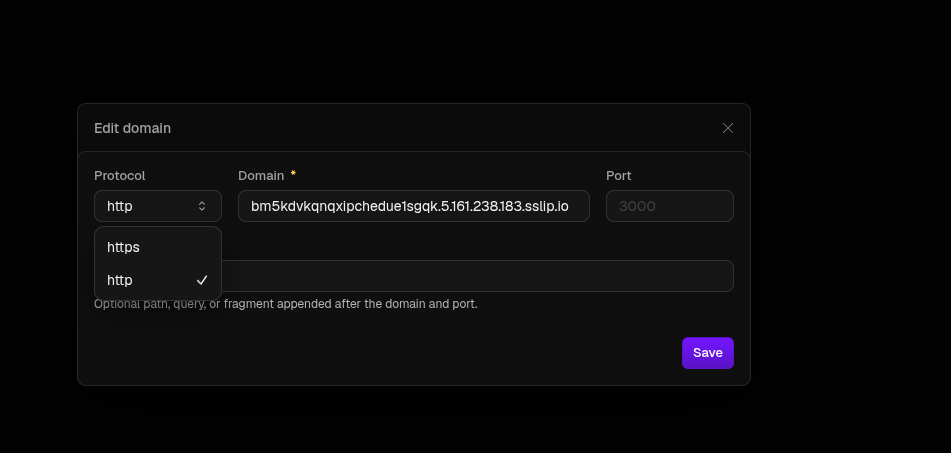 Diálogo "Edit domain" mostrando el dominio generado por defecto con protocolo http y puerto 3000