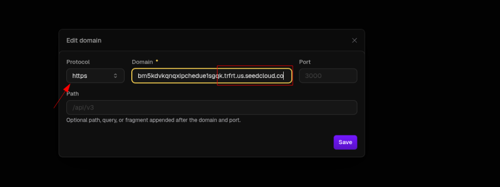 Diálogo "Edit domain" con protocolo https y el sufijo del dominio cambiado a trfrt.us.seedcloud.co