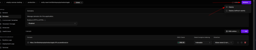 Menú "Actions" desplegado con las opciones Deploy y Deploy (without cache)