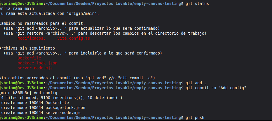 Terminal mostrando los comandos git status, git add ., git commit -m "Add config" y git push ejecutados correctamente