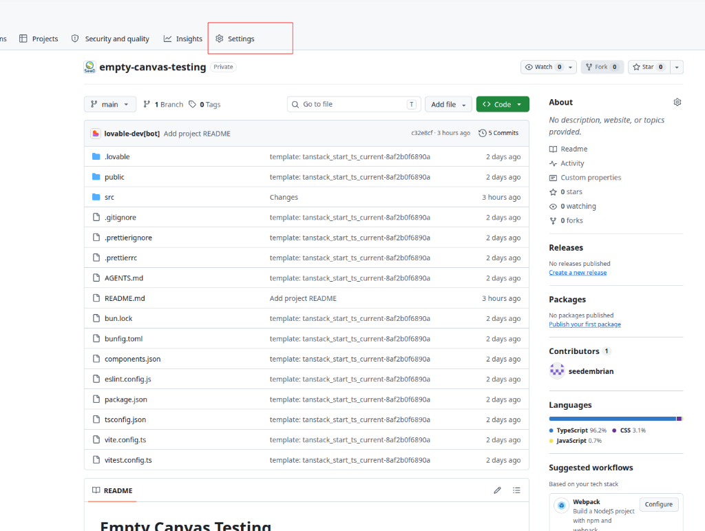 Página del repositorio en GitHub con la pestaña "Settings" señalada