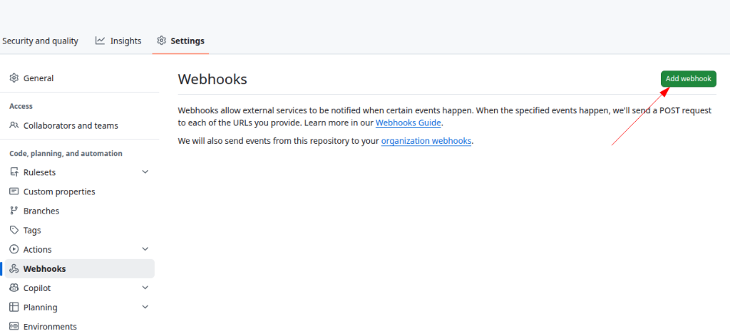 Página de Webhooks en GitHub con el botón "Add webhook" señalado