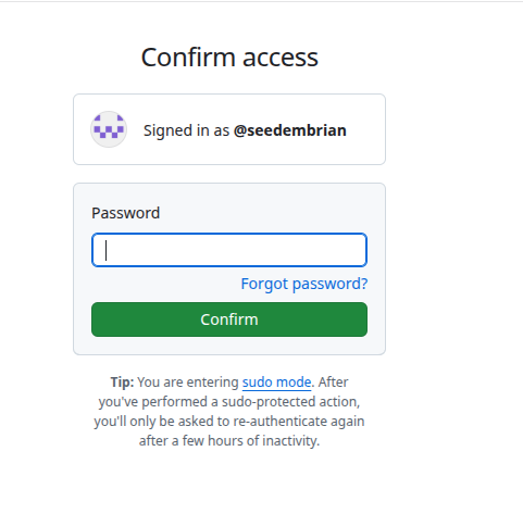 Pantalla de confirmación de acceso de GitHub pidiendo la contraseña de la cuenta