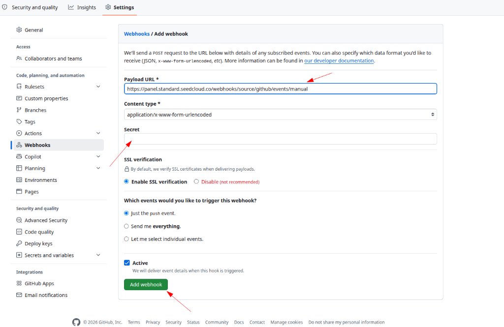 Formulario "Add webhook" de GitHub con la Payload URL rellenada, content type form-urlencoded, campo Secret y el botón "Add webhook"