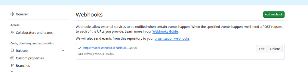 Lista de webhooks del repositorio mostrando el webhook creado con una marca verde y el mensaje "Last delivery was successful"