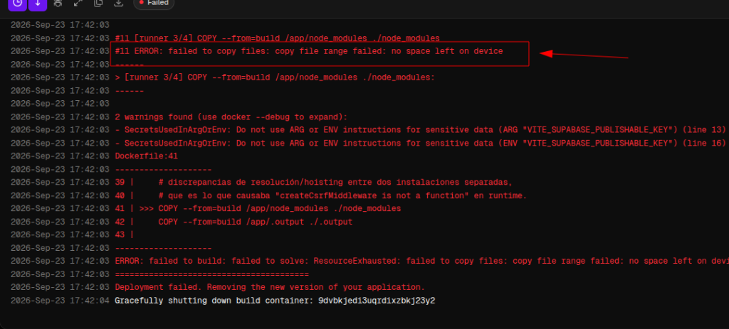 Log de un despliegue fallido mostrando el error "no space left on device"