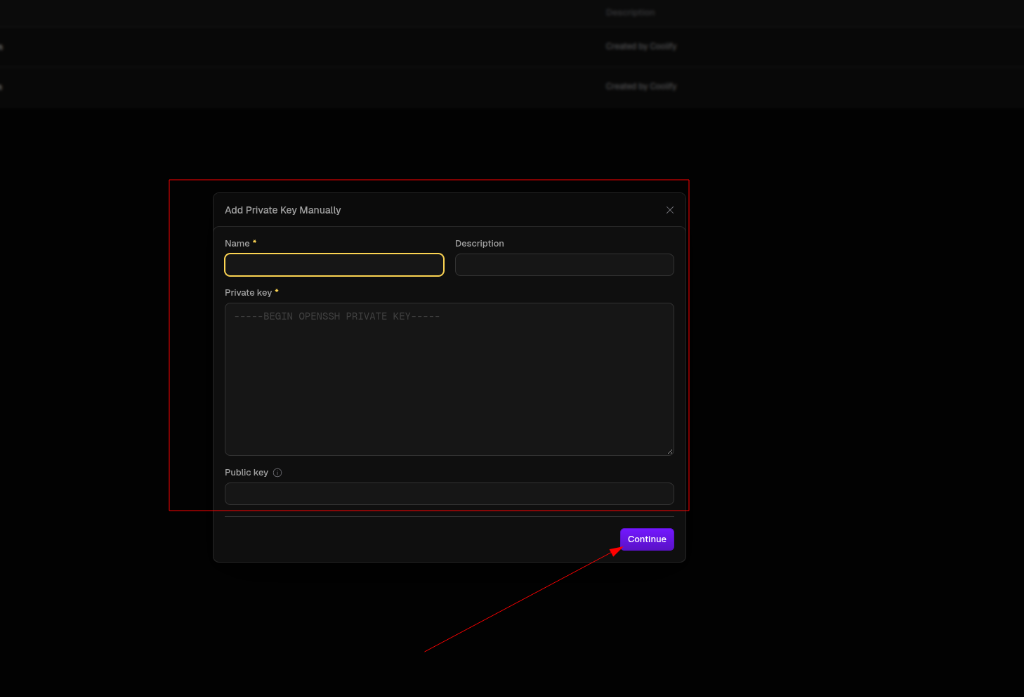 Diálogo "Add Private Key Manually" con los campos Name, Private key, Public key y el botón Continue